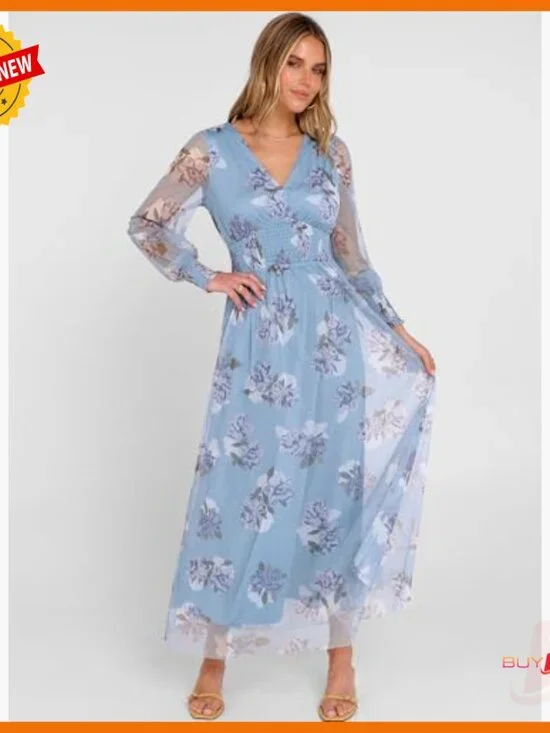 Floral Maxi Dress V Neck Puff Sleeve Long Sleeve Flowy Tulle Wedding Guest - Picture 2 of 7